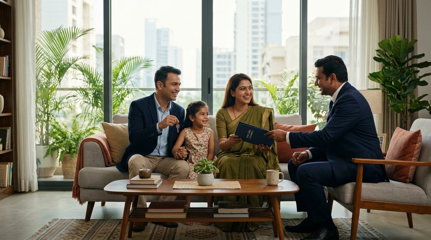 Indian family celebrating personal and home loan approval with financial advisor